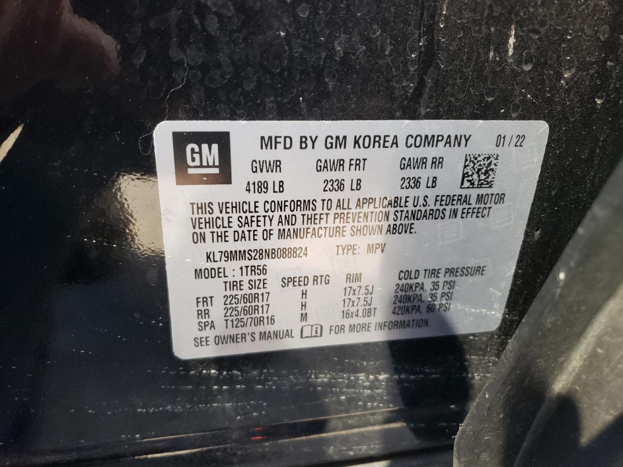 2022 CHEVROLET TRAILBLAZER LS VIN:KL79MMS28NB088824