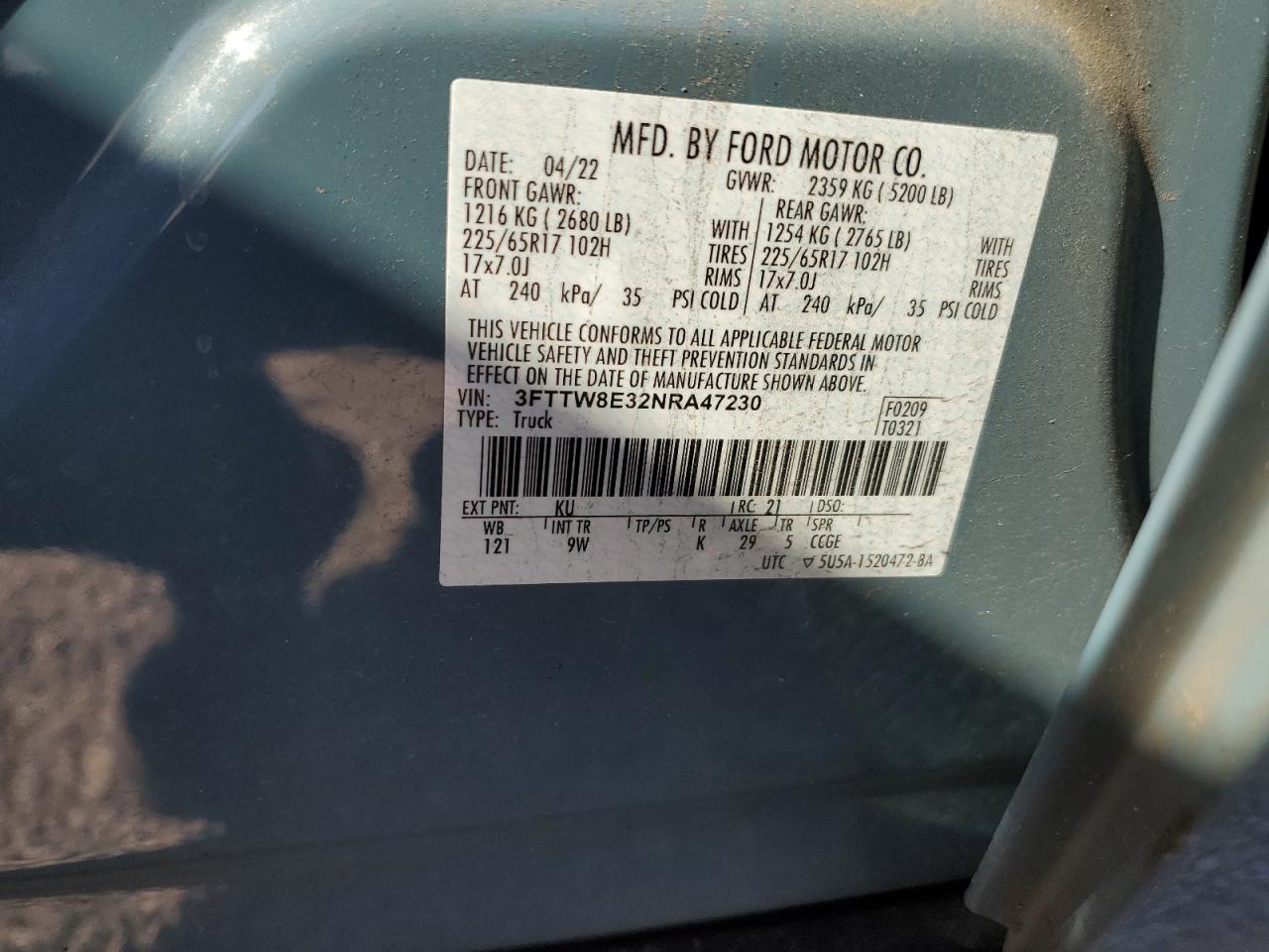 2022 FORD MAVERICK XL VIN:3FTTW8E32NRA47230