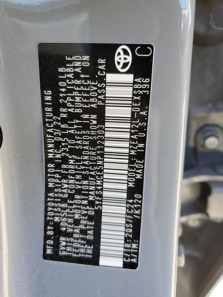 2022 TOYOTA COROLLA SE VIN:5YFS4MCE5NP112303