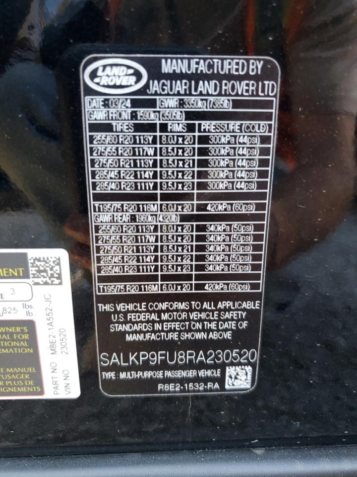 2024 LAND ROVER RANGE ROVER SE VIN:SALKP9FU8RA230520
