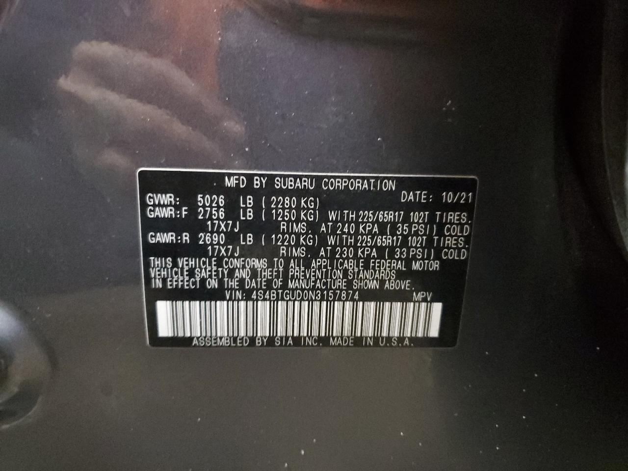 2022 SUBARU OUTBACK WILDERNESS VIN:4S4BTGUD0N3157874