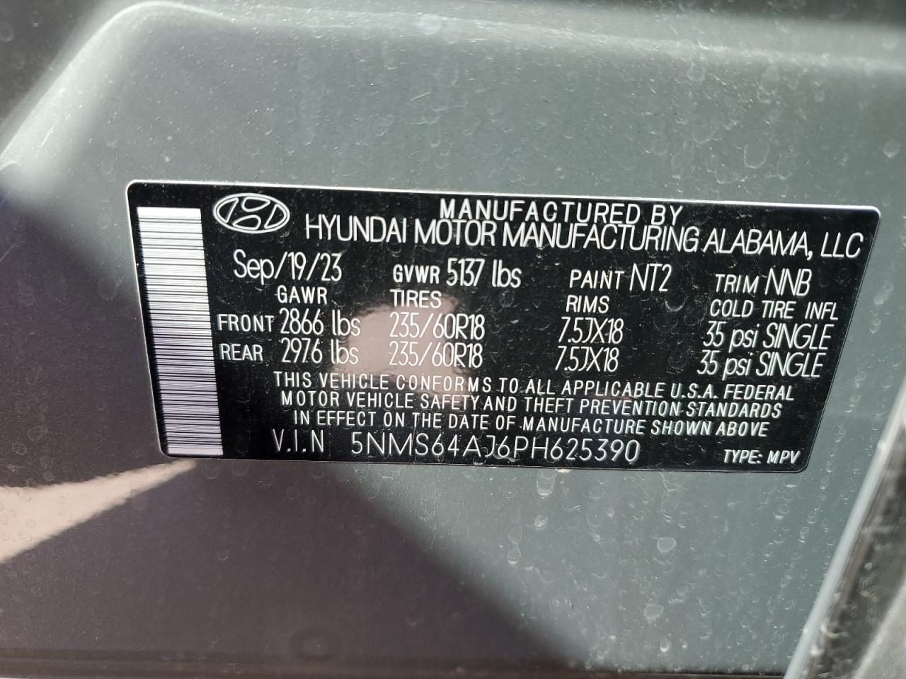 2023 HYUNDAI SANTA FE XRT VIN:5NMS64AJ6PH625390