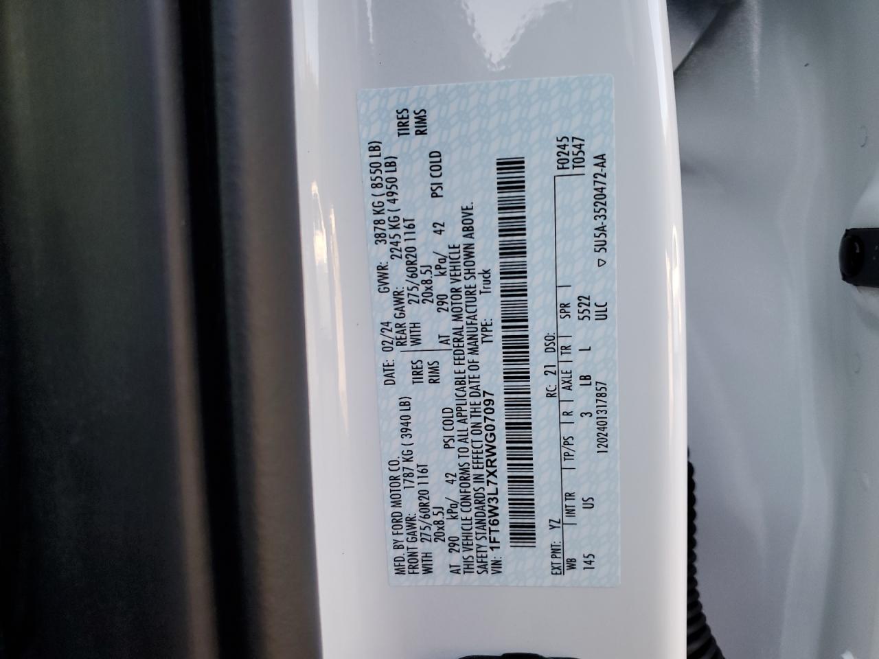 2024 FORD F150 LIGHTNING XLT VIN:1FT6W3L7XRWG07097