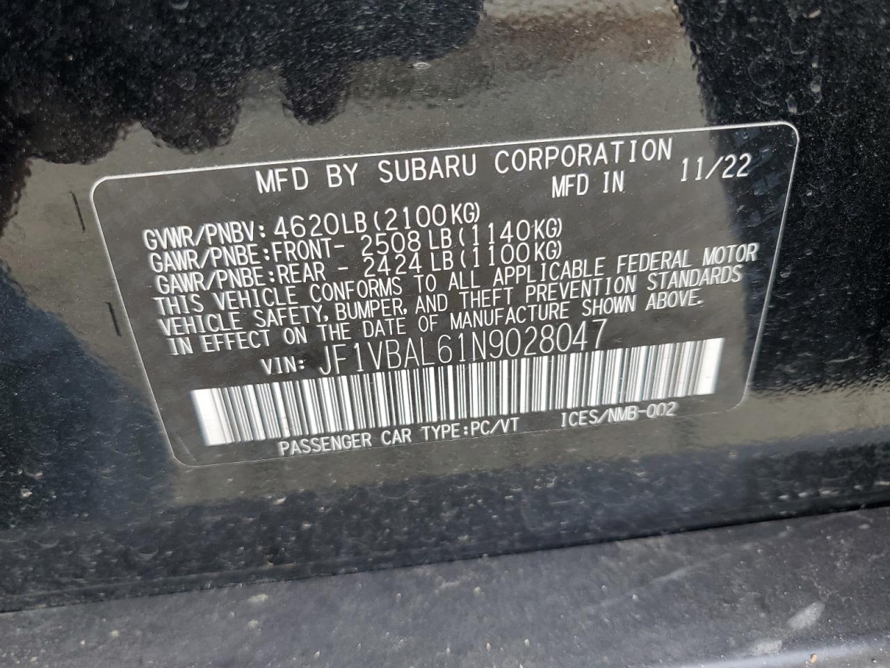 2022 SUBARU WRX LIMITED VIN:JF1VBAL61N9028047