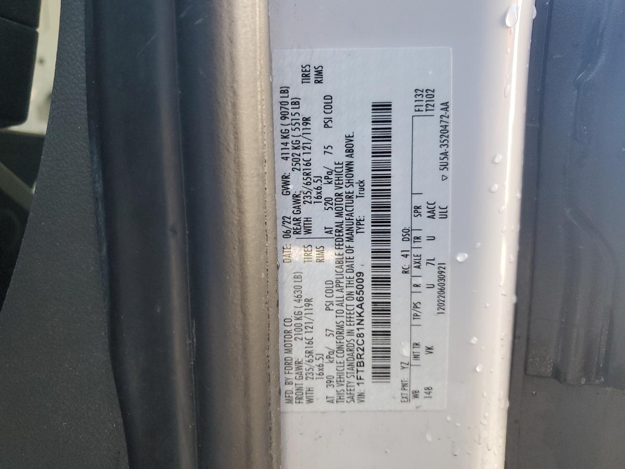 2022 FORD TRANSIT T-250 VIN:1FTBR2C81NKA65009