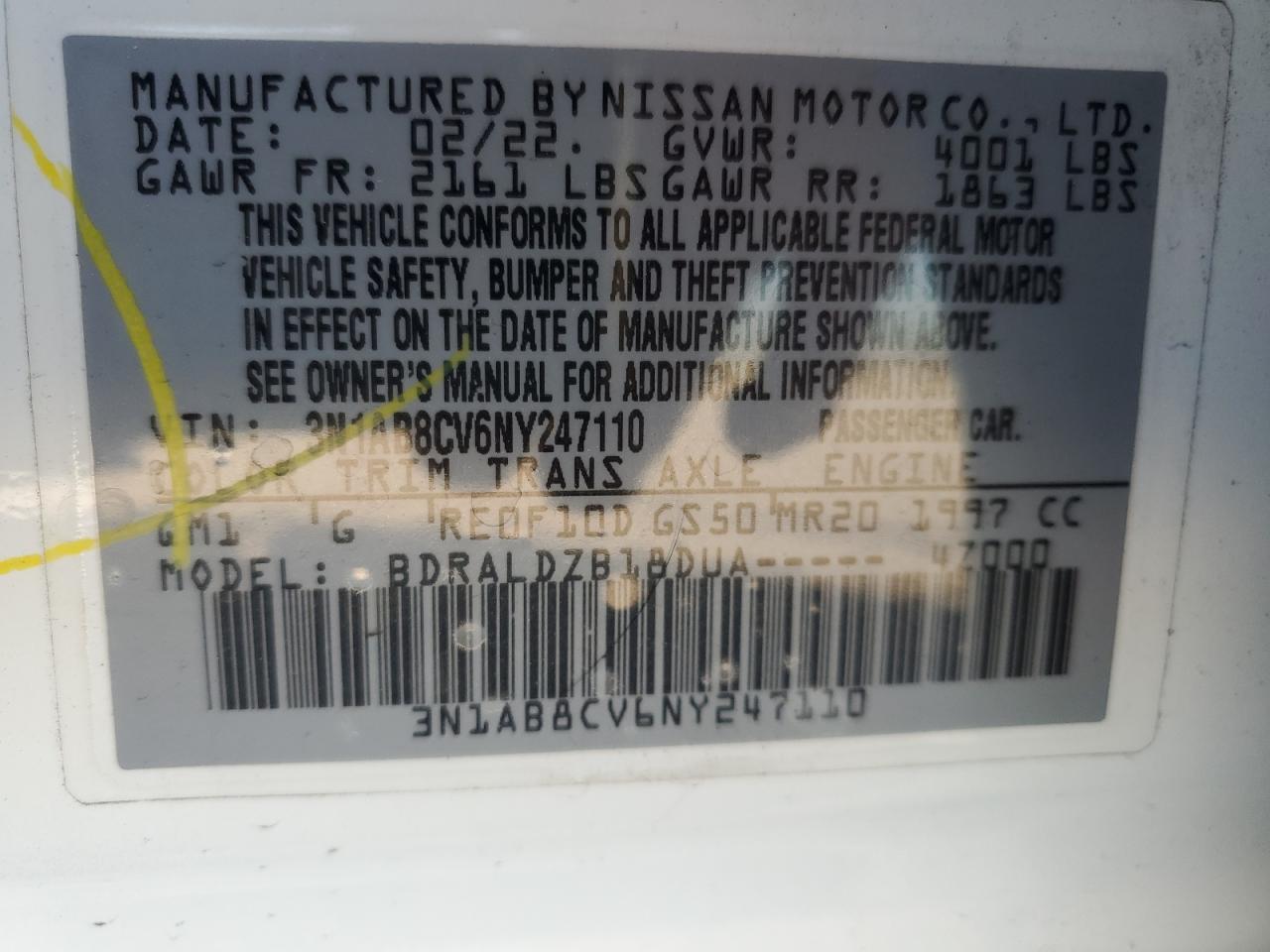 2022 NISSAN SENTRA SV VIN:3N1AB8CV6NY247110