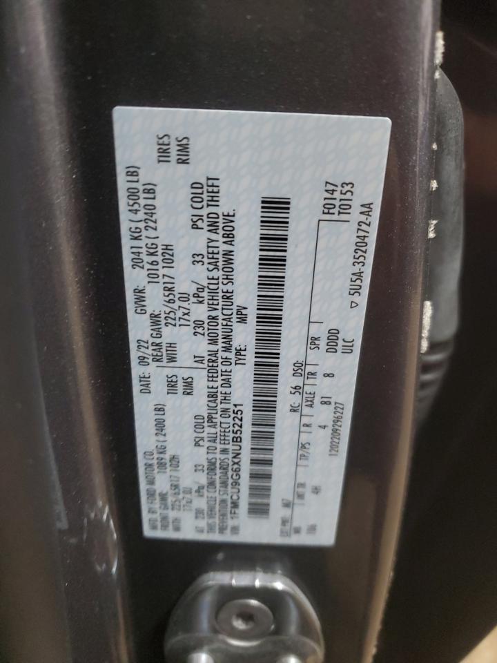 2022 FORD ESCAPE SE VIN:1FMCU9G6XNUB52251