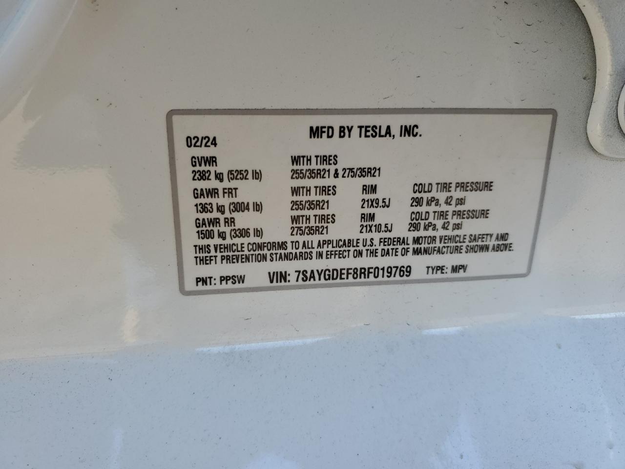 2024 TESLA MODEL Y  VIN:7SAYGDEF8RF019769