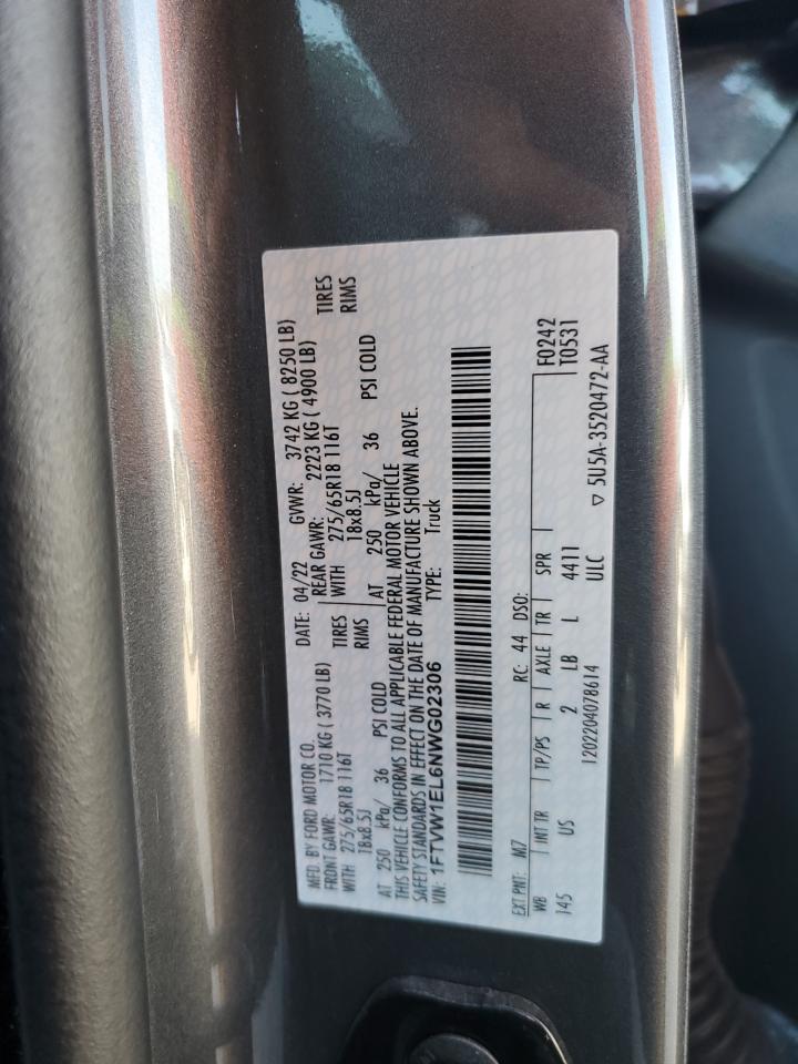 2022 FORD F150 LIGHTNING PRO VIN:1FTVW1EL6NWG02306