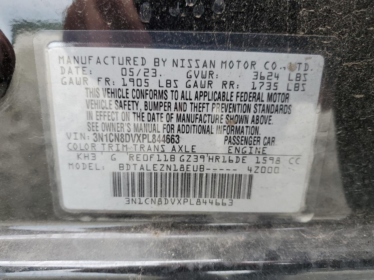 2023 NISSAN VERSA S VIN:3N1CN8DVXPL844663