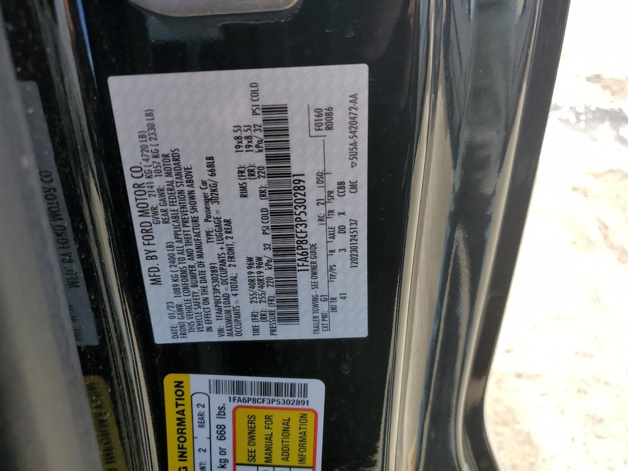 2023 FORD MUSTANG GT VIN:1FA6P8CF3P5302891