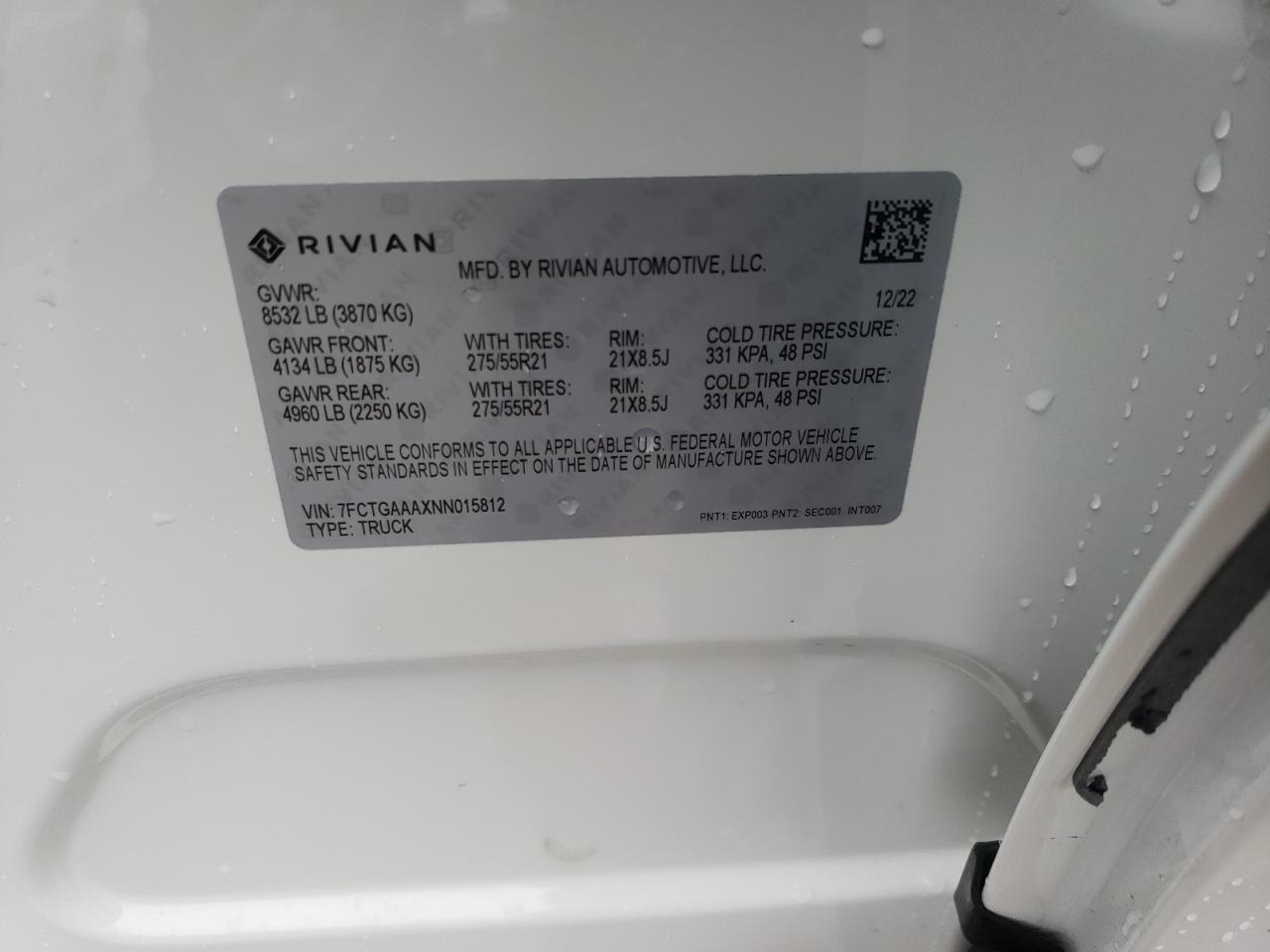 2022 RIVIAN R1T ADVENTURE VIN:7FCTGAAAXNN015812