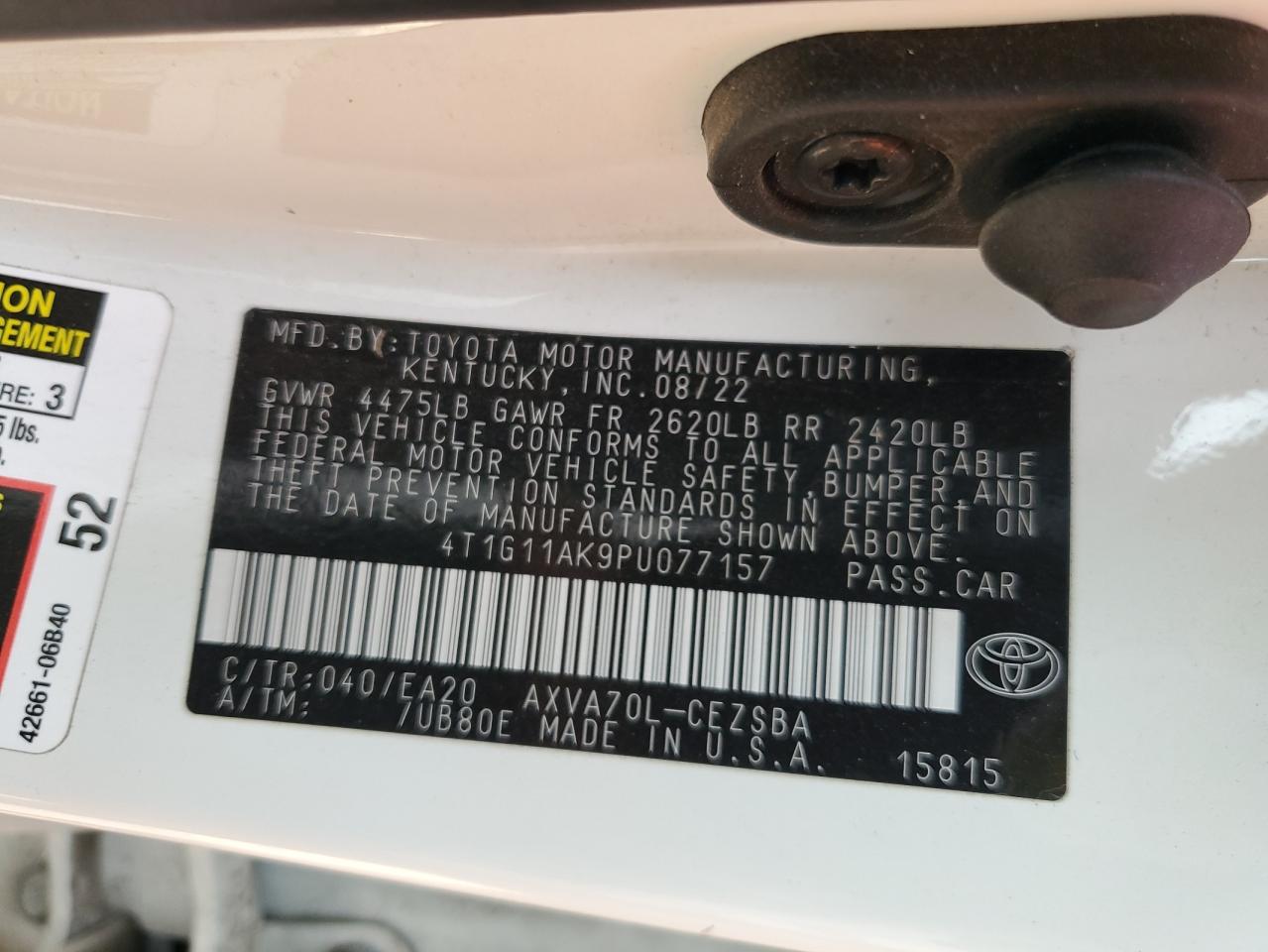 2023 TOYOTA CAMRY SE NIGHT SHADE VIN:4T1G11AK9PU077157