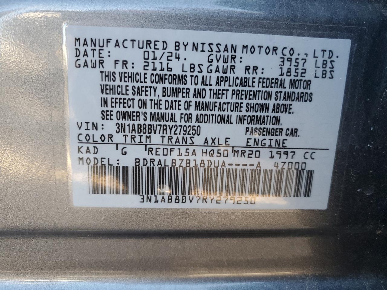 2024 NISSAN SENTRA S VIN:3N1AB8BV7RY279250