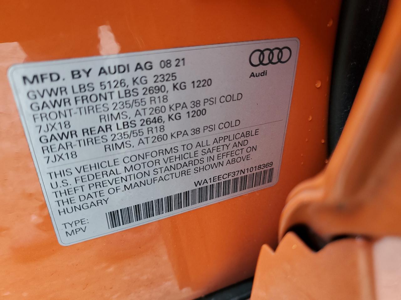 2022 AUDI Q3 PREMIUM PLUS S LINE 45 VIN:WA1EECF37N1018369
