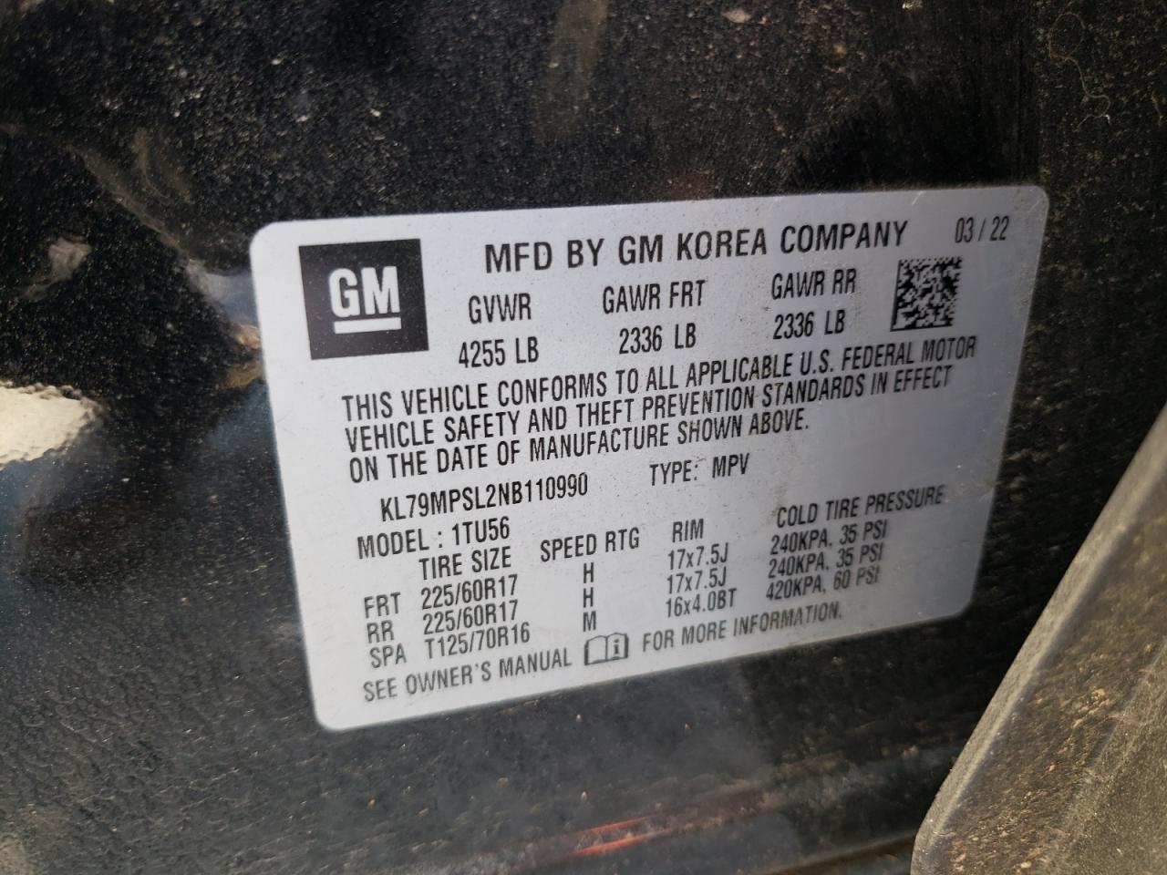 2022 CHEVROLET TRAILBLAZER LT VIN:KL79MPSL2NB110990