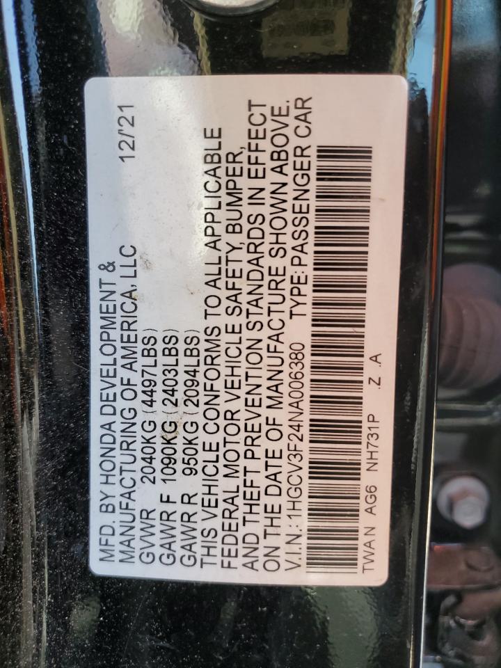 2022 HONDA ACCORD HYBRID SPORT VIN:1HGCV3F24NA006380