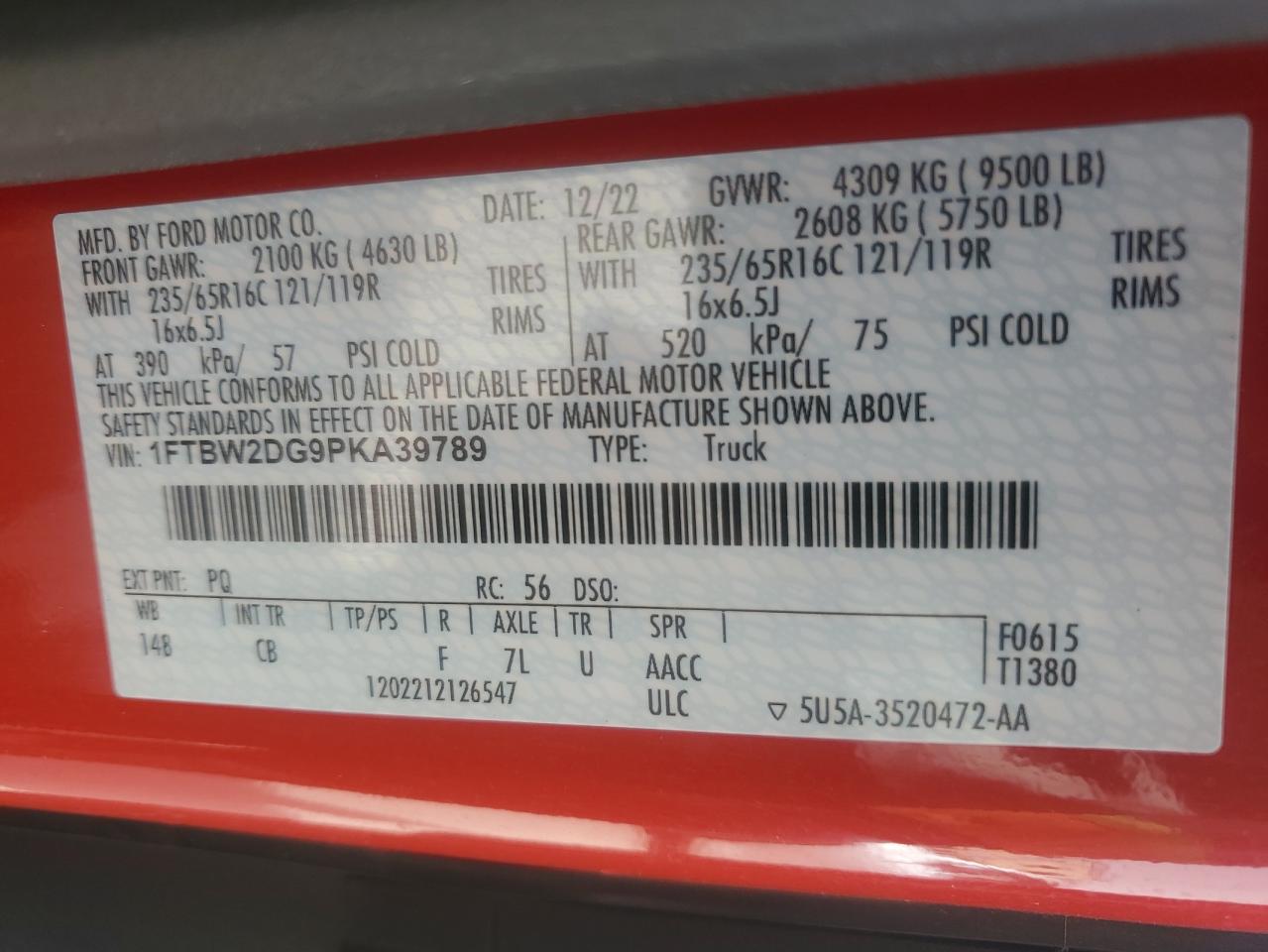 2023 FORD TRANSIT T-350 VIN:1FTBW2DG9PKA39789