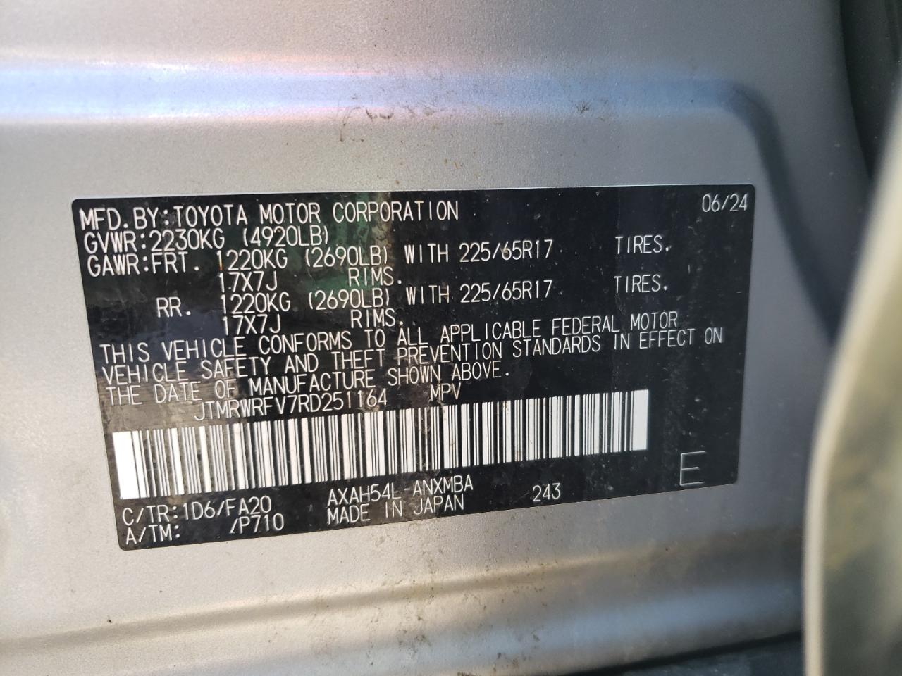 2024 TOYOTA RAV4 XLE VIN:JTMRWRFV7RD251164