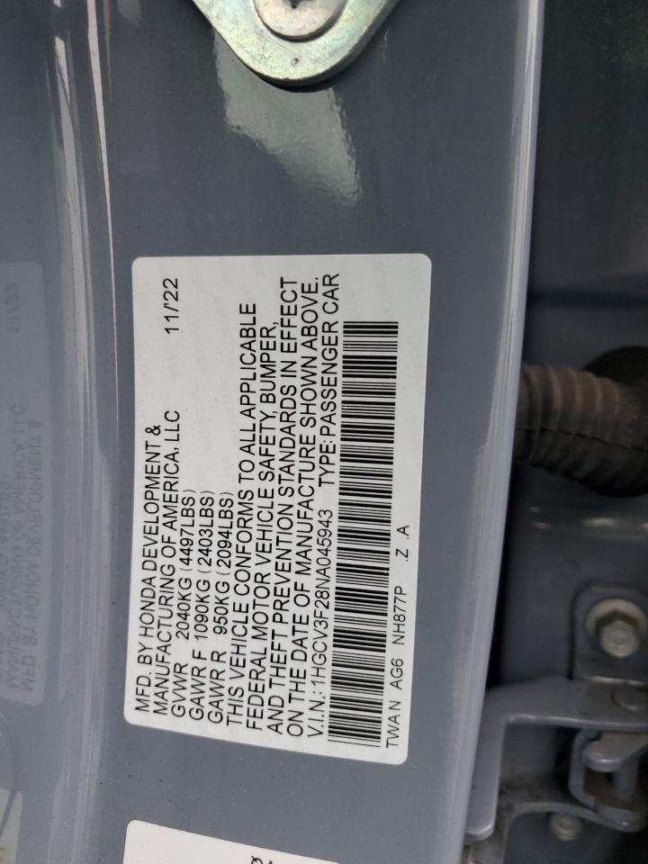 2022 HONDA ACCORD HYBRID SPORT VIN:1HGCV3F28NA045943