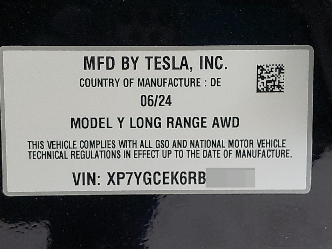 2024 TESL MODEL Y VIN:XP7YGCEK6RB******