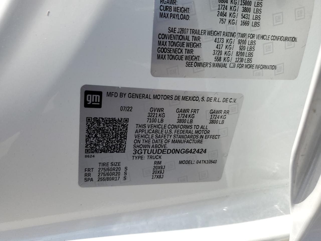 2022 GMC SIERRA K1500 SLT VIN:3GTUUDED0NG642424