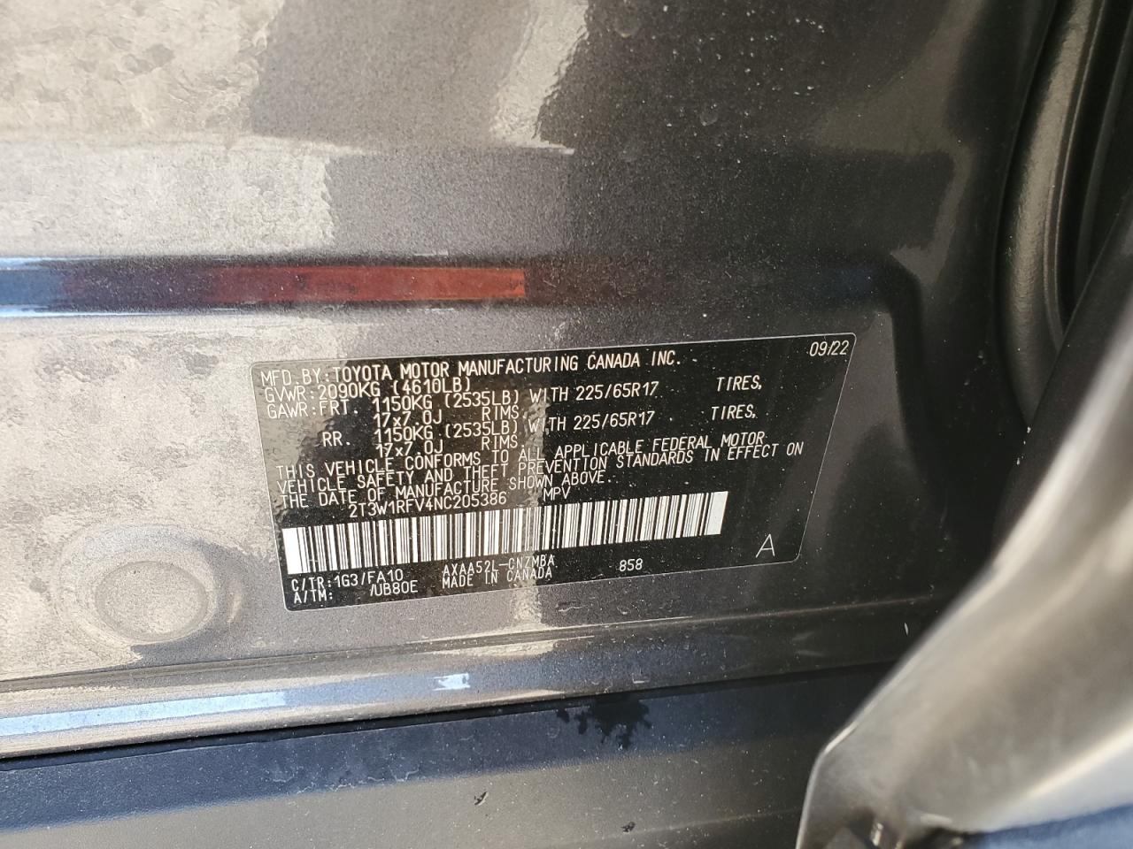 2022 TOYOTA RAV4 XLE VIN:2T3W1RFV4NC205386