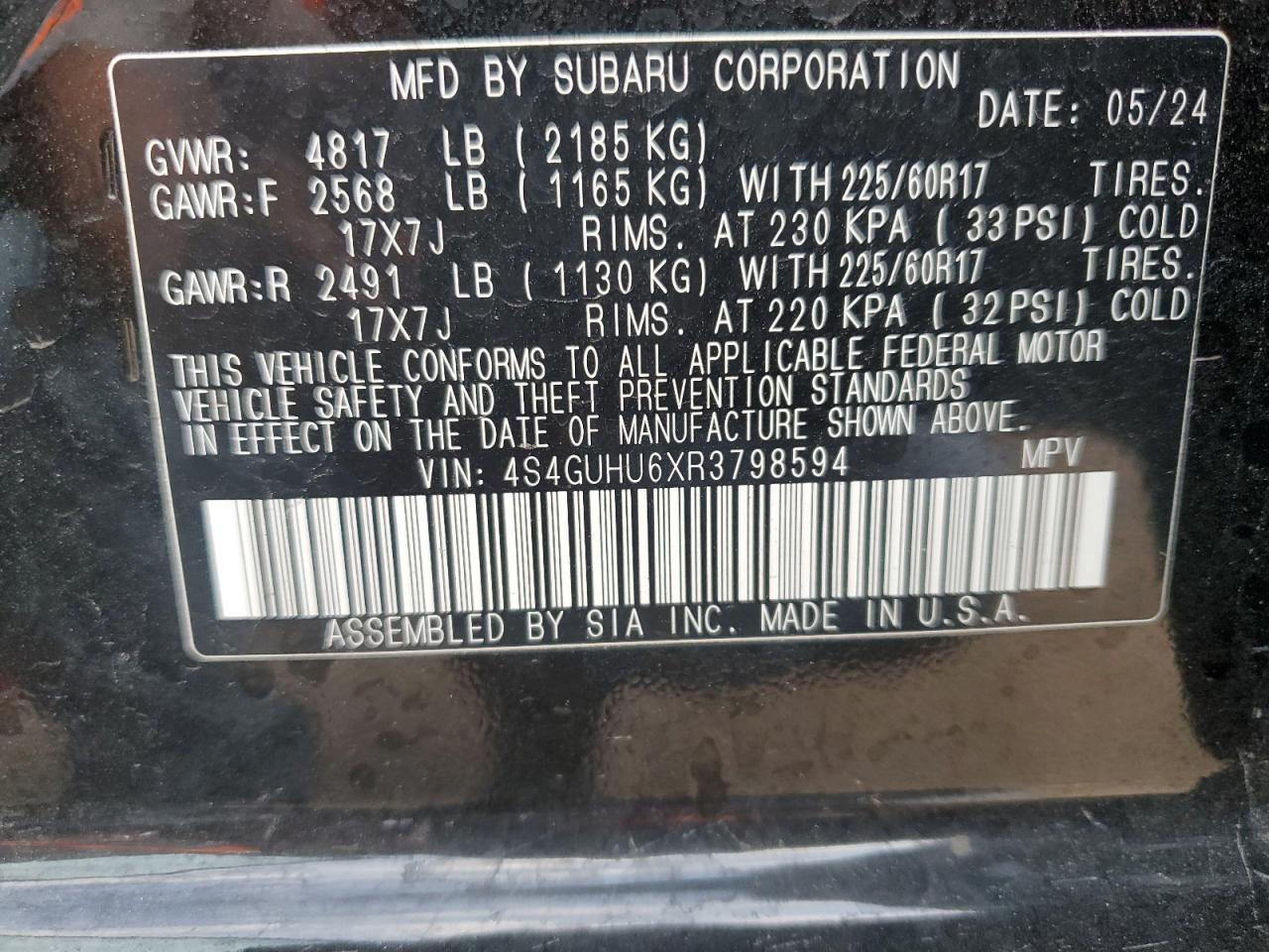 2024 SUBARU CROSSTREK WILDERNESS VIN:4S4GUHU6XR3798594