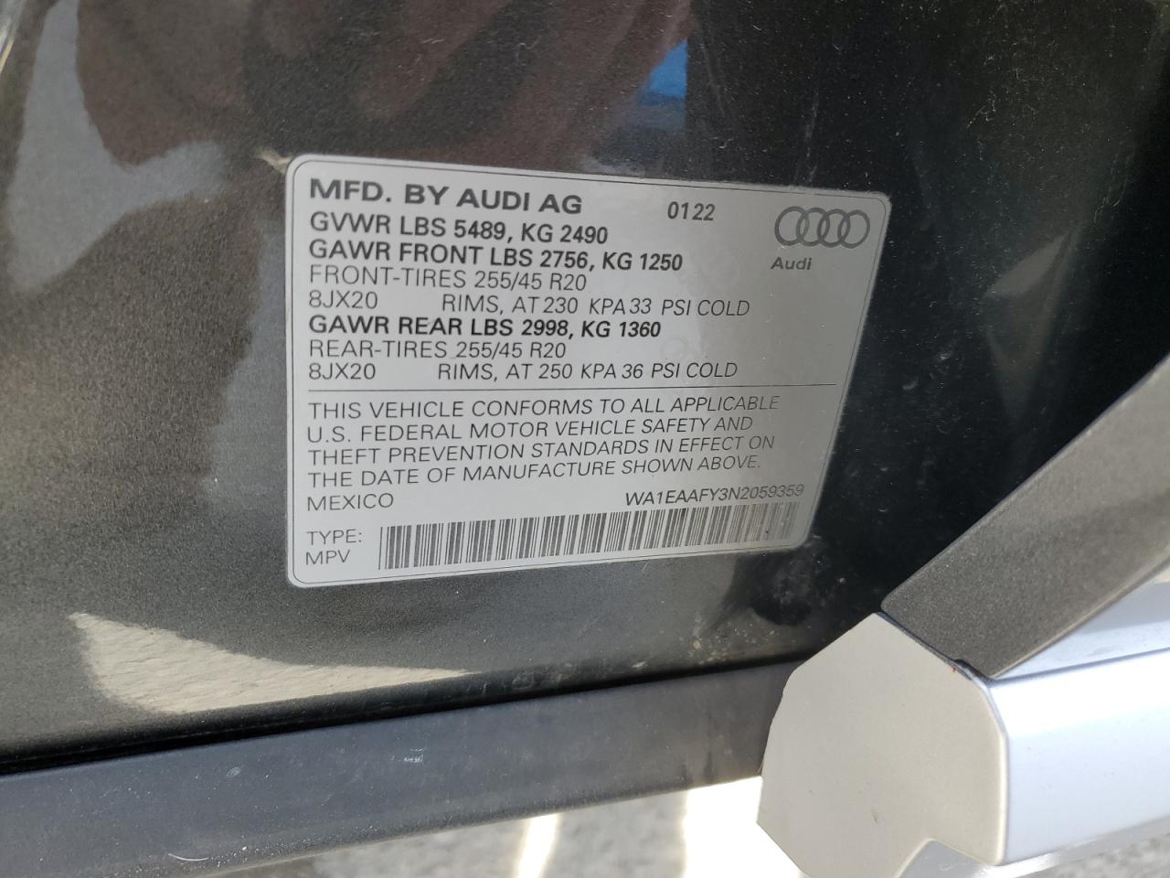 2022 AUDI Q5 PREMIUM PLUS 45 VIN:WA1EAAFY3N2059359