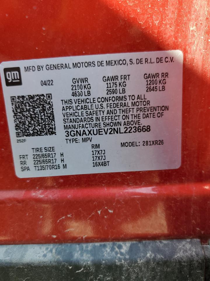 2022 CHEVROLET EQUINOX LT VIN:3GNAXUEV2NL223668