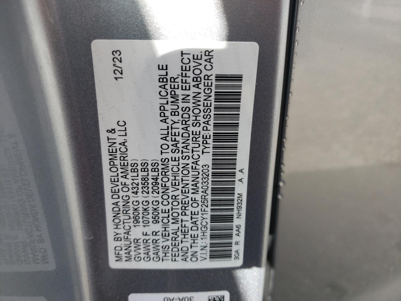 2024 HONDA ACCORD LX VIN:1HGCY1F25RA033203