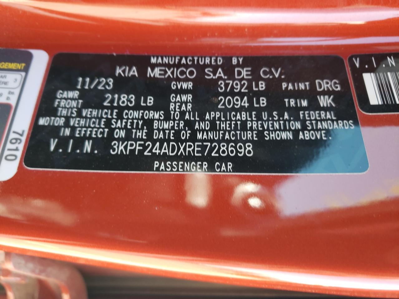 2024 KIA FORTE LX VIN:3KPF24ADXRE728698