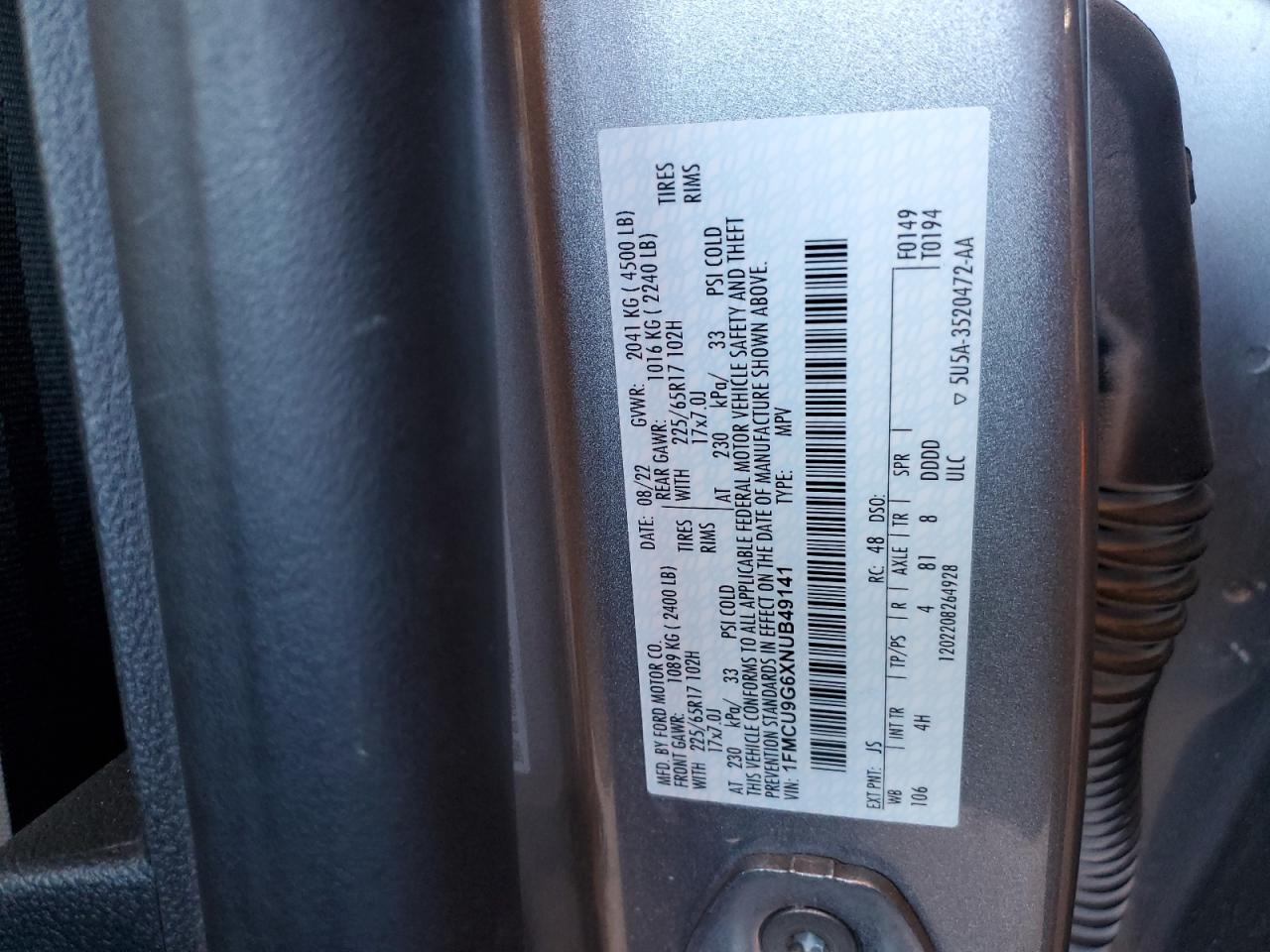 2022 FORD ESCAPE SE VIN:1FMCU9G6XNUB49141