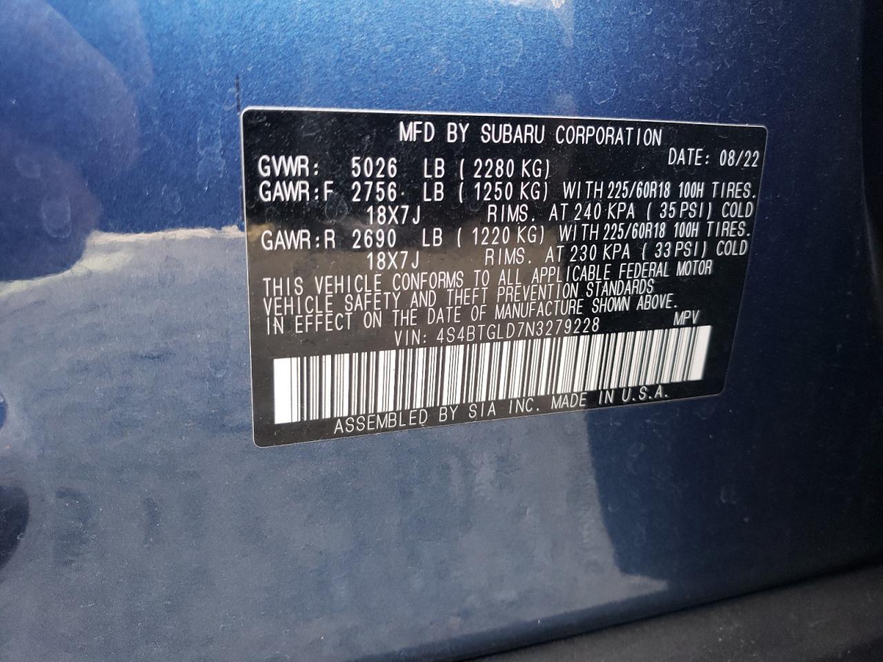 2022 SUBARU OUTBACK ONYX EDITION XT VIN:4S4BTGLD7N3279228