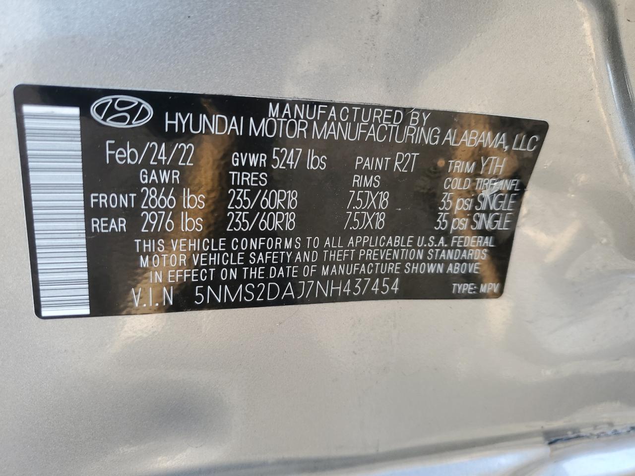 2022 HYUNDAI SANTA FE SEL VIN:5NMS2DAJ7NH437454