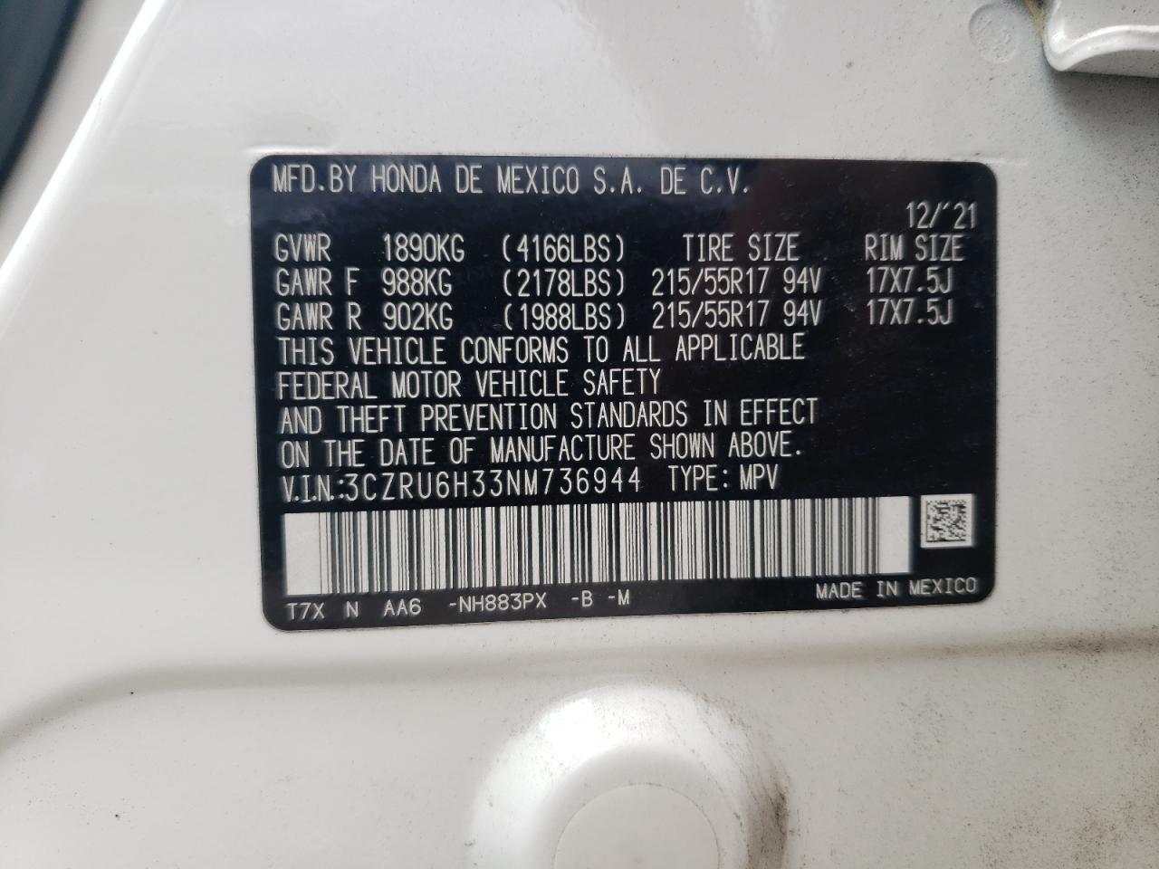 2022 HONDA HR-V LX VIN:3CZRU6H33NM736944