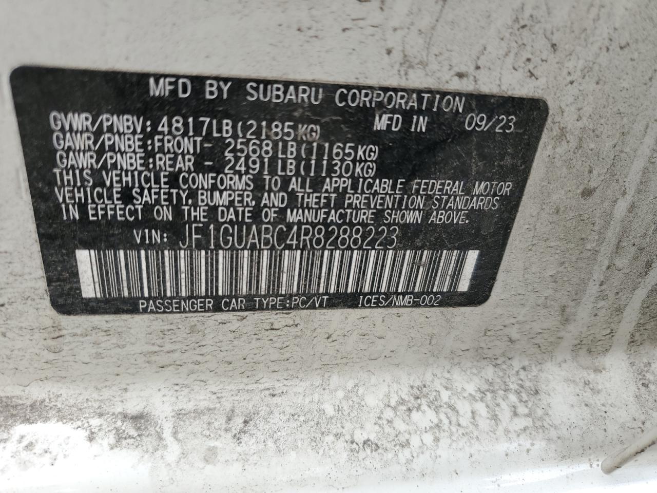 2024 SUBARU IMPREZA  VIN:JF1GUABC4R8288223