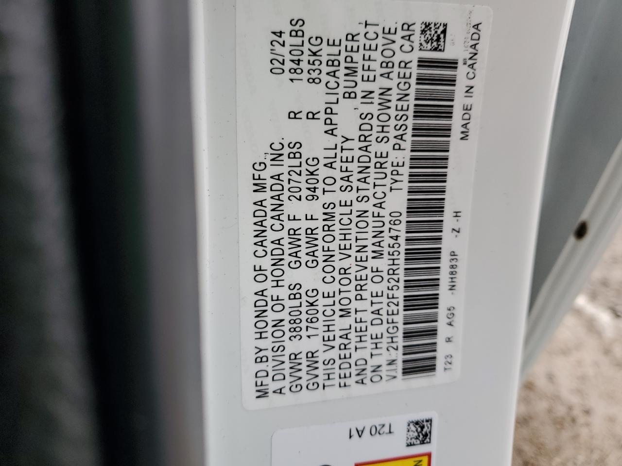 2024 HONDA CIVIC SPORT VIN:2HGFE2F52RH554760