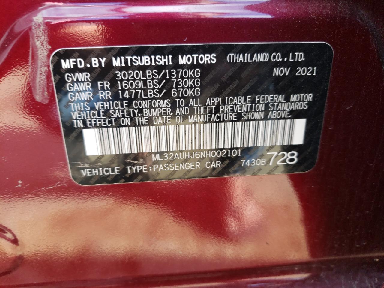 2022 MITSUBISHI MIRAGE ES VIN:ML32AUHJ6NH002101