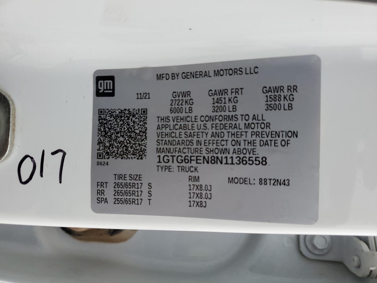 2022 GMC CANYON AT4 VIN:1GTG6FEN8N1136558