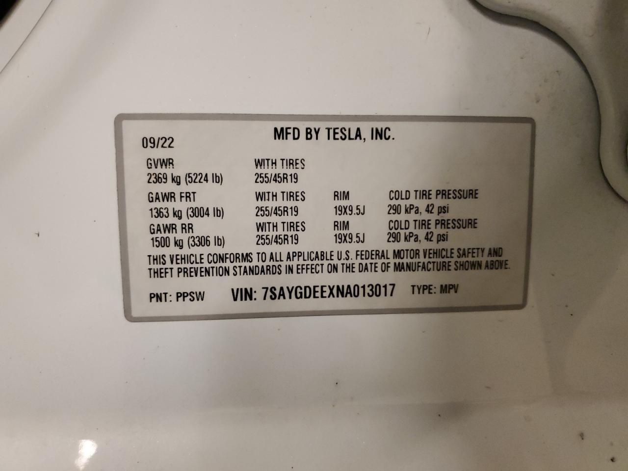 2022 TESLA MODEL Y  VIN:7SAYGDEEXNA013017