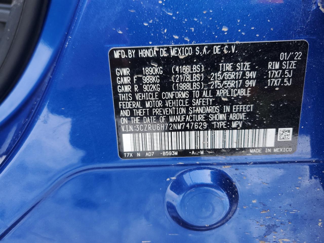 2022 HONDA HR-V EXL VIN:3CZRU6H72NM747629