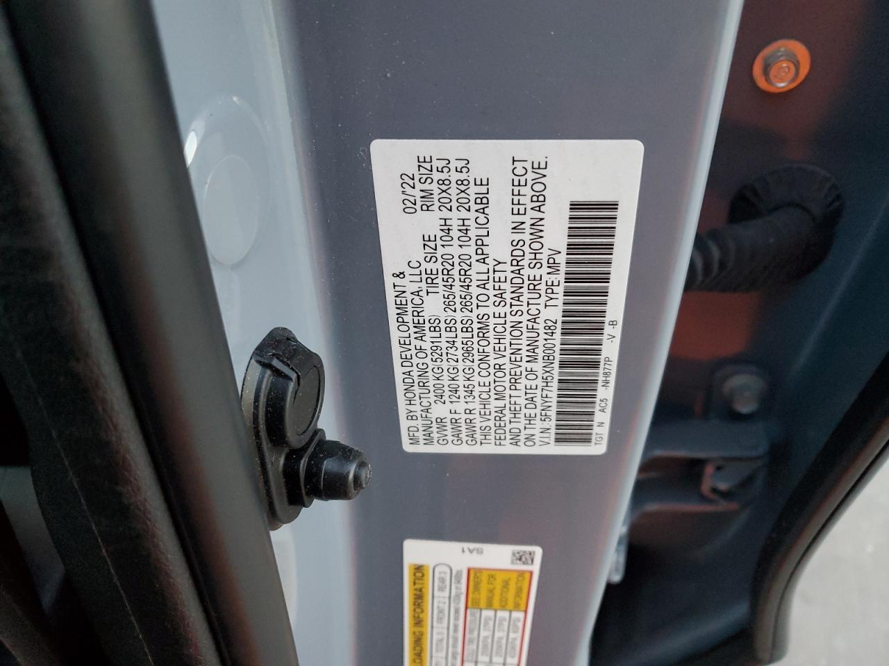 2022 HONDA PASSPORT EXL VIN:5FNYF7H5XNB001482