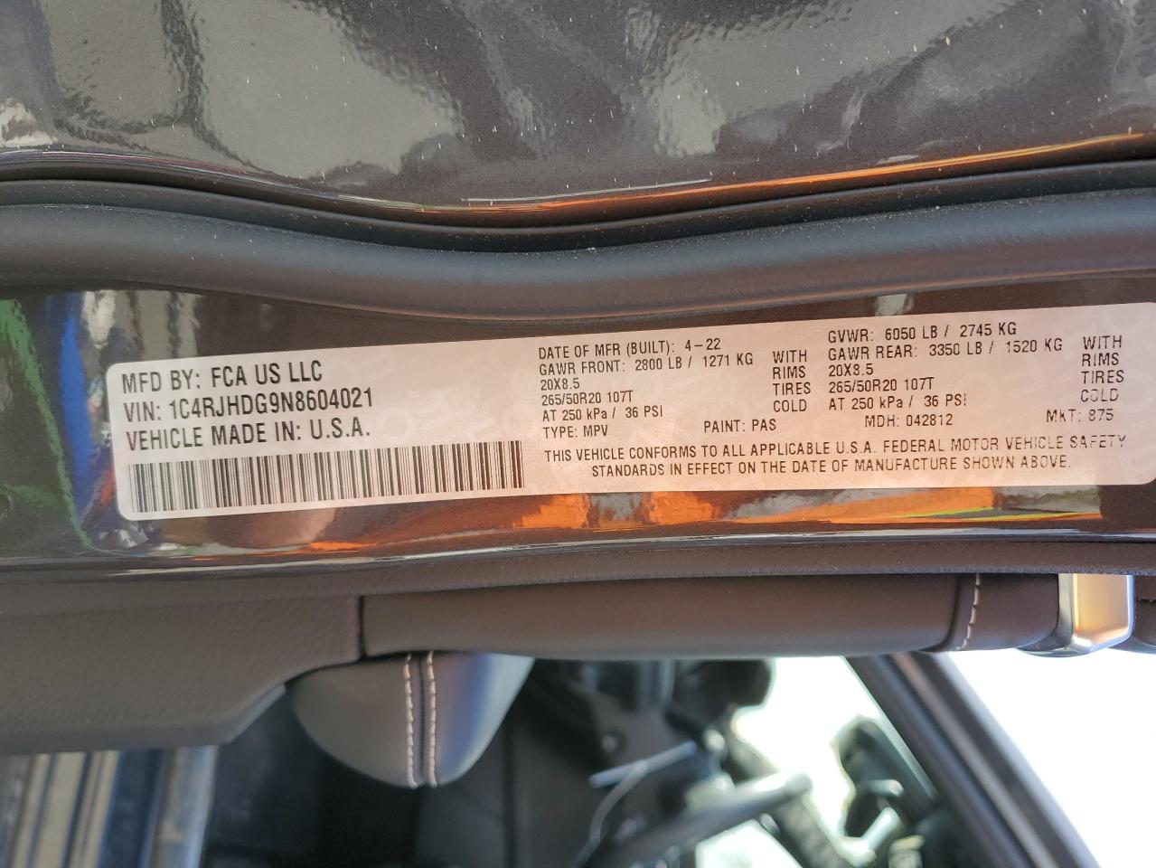 2022 JEEP GRAND CHEROKEE OVERLAND VIN:1C4RJHDG9N8604021