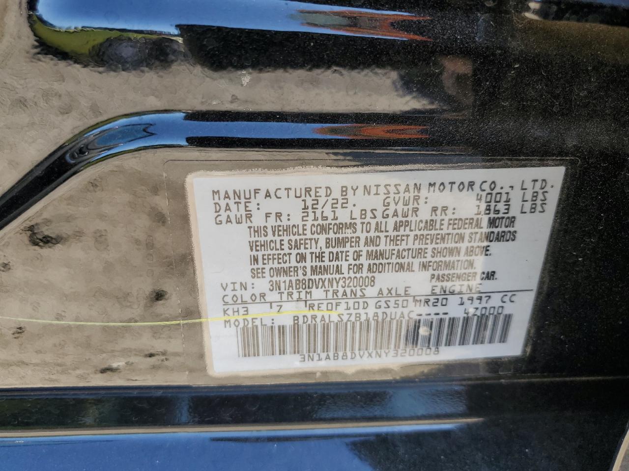 2022 NISSAN SENTRA SR VIN:3N1AB8DVXNY320008