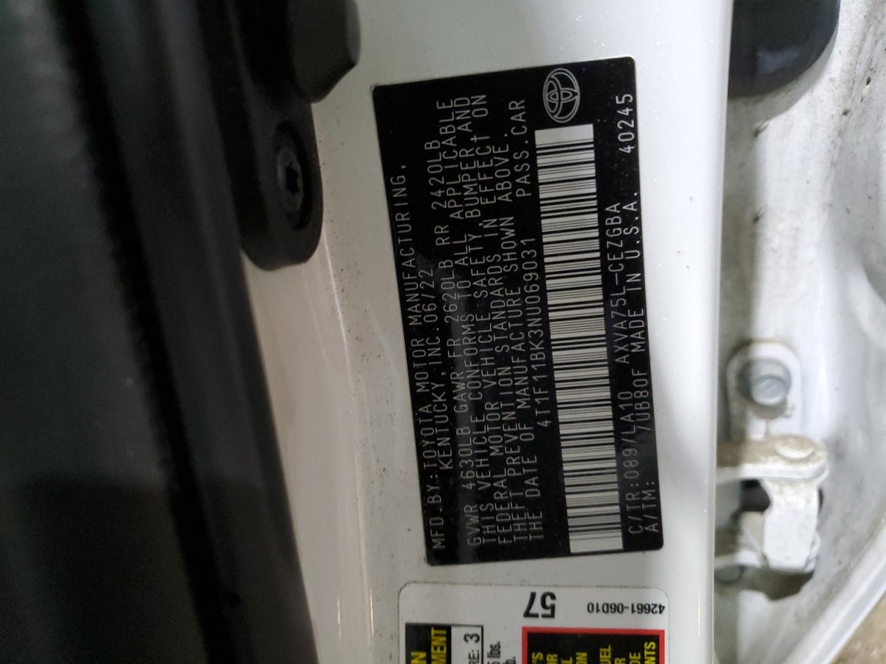 2022 TOYOTA CAMRY XLE VIN:4T1F11BK3NU069031