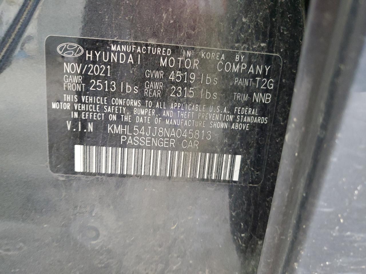 2022 HYUNDAI SONATA HYBRID VIN:KMHL54JJ8NA045813