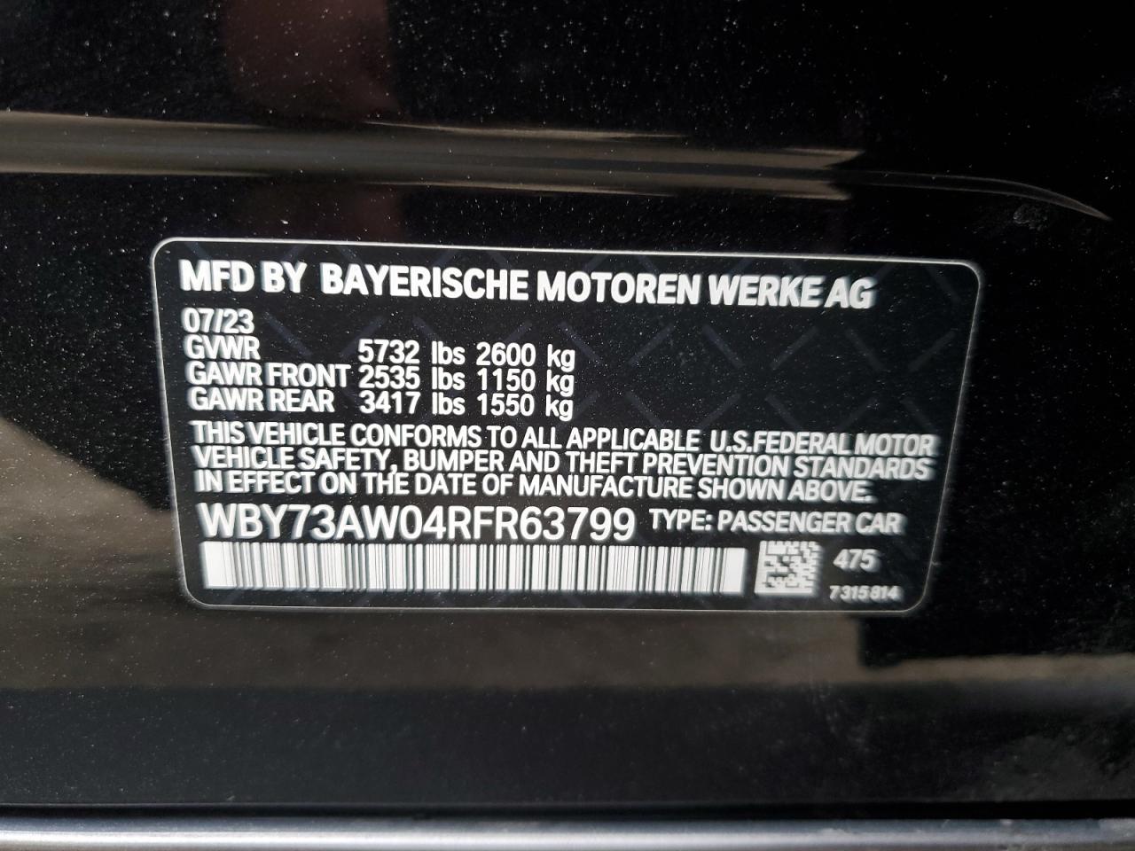 2024 BMW I4 EDRIVE 40 VIN:WBY73AW04RFR63799