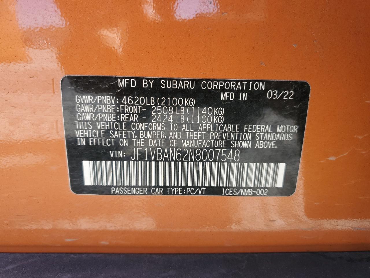 2022 SUBARU WRX LIMITED VIN:JF1VBAN62N8007548