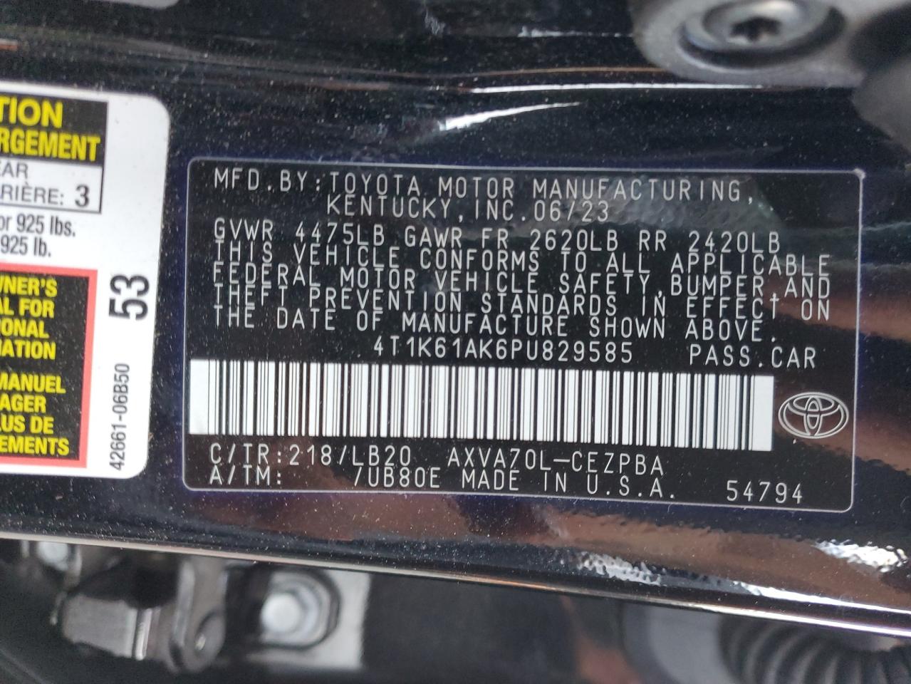 2023 TOYOTA CAMRY XSE VIN:4T1K61AK6PU829585